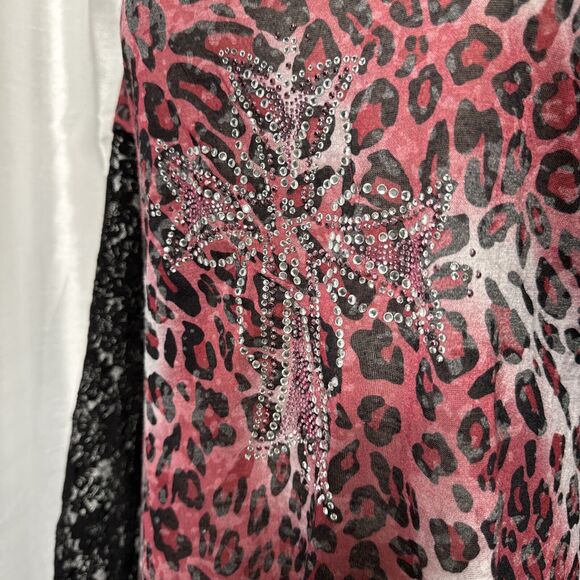 Lady Noir Leopard Rhinestone Motorcycle Top Blouse Embellished Red Size L - Picture 3 of 14
